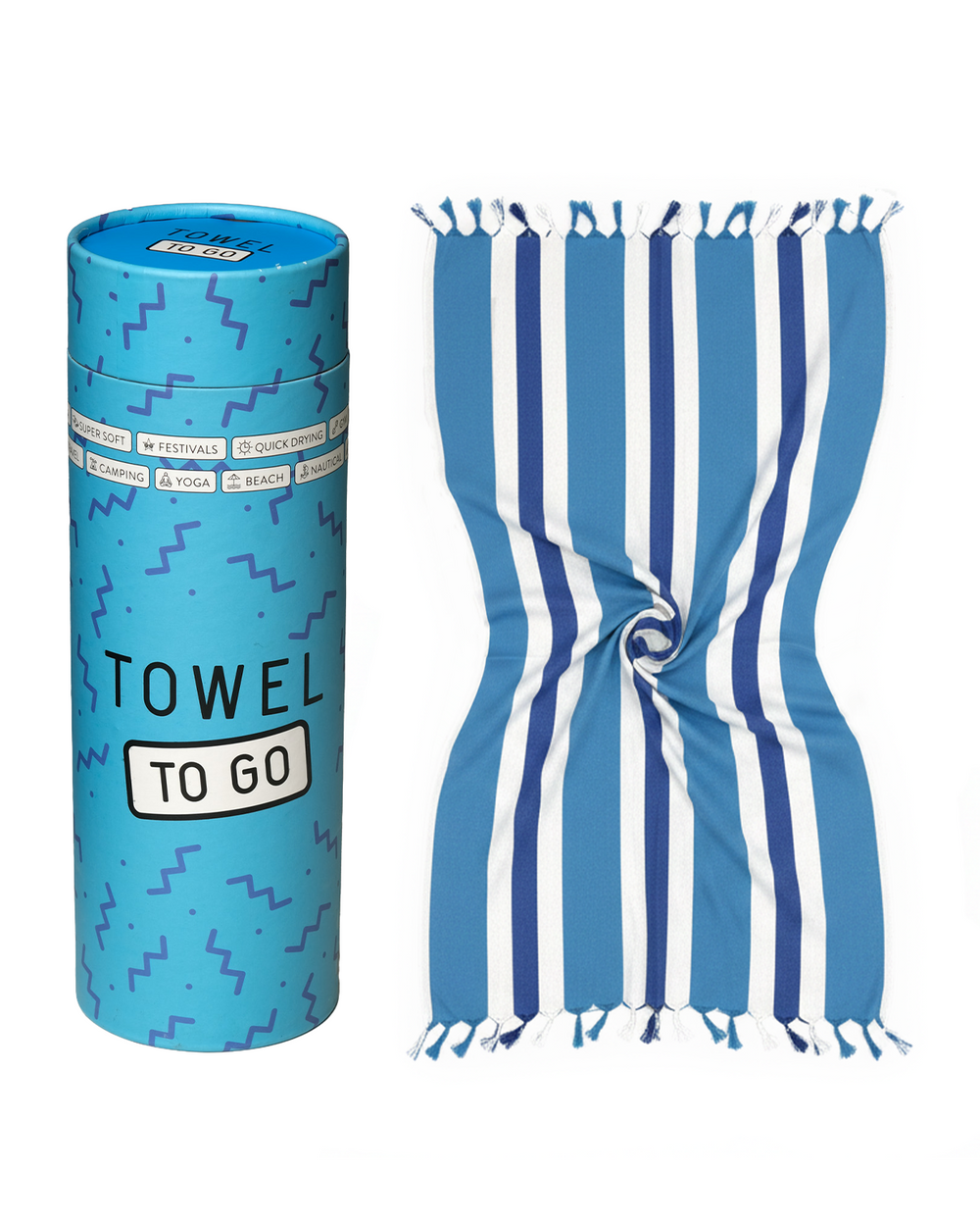 Towel to Go Quick Dry Cotton Towel Blue and Navy from the Coral Coast collection presented in a premium gift box.