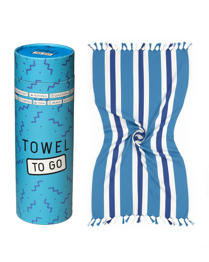 Towel to Go Quick Dry Cotton Towel Blue and Navy from the Coral Coast collection presented in a premium gift box.