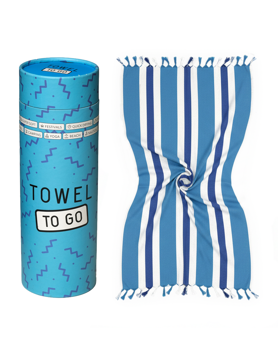 Towel to Go Quick Dry Cotton Towel Blue and Navy from the Coral Coast collection presented in a premium gift box.