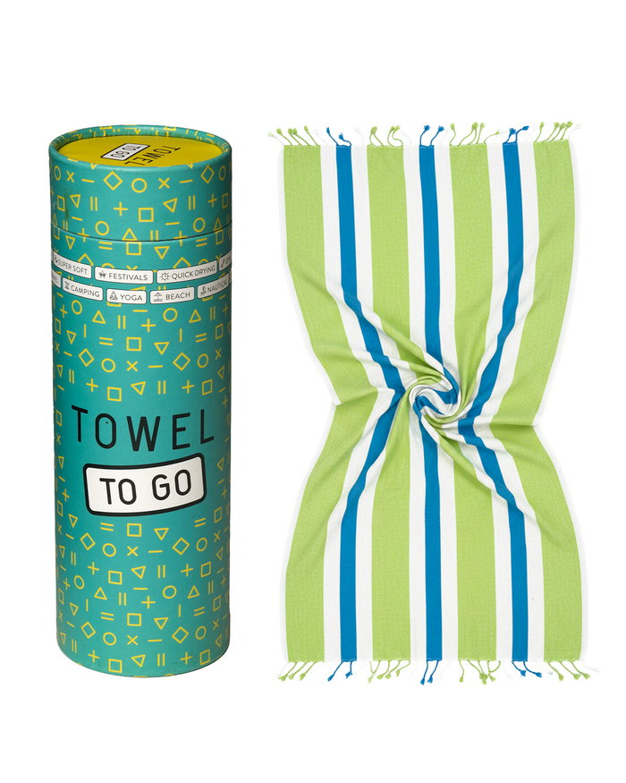 Towel to Go Quick Dry Cotton Towel Lime and Ocean Blue from the Coral Coast collection presented in a premium gift box.
