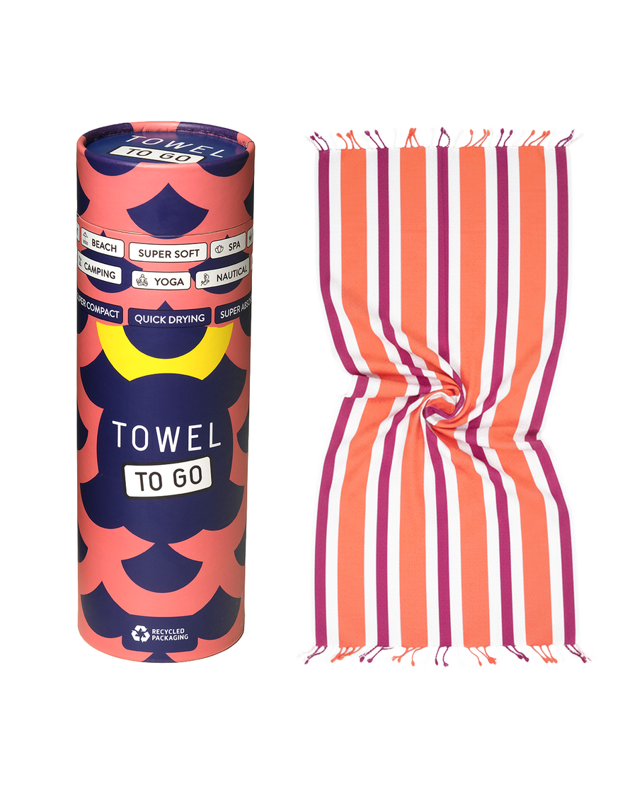 Towel to Go Quick Dry Cotton Towel Orange and Fuchsia from the Coral Coast collection presented in a premium gift box.