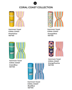 Towel to Go Coral Coast Collection of quick dry cotton towels with various designs and colors on a white background.